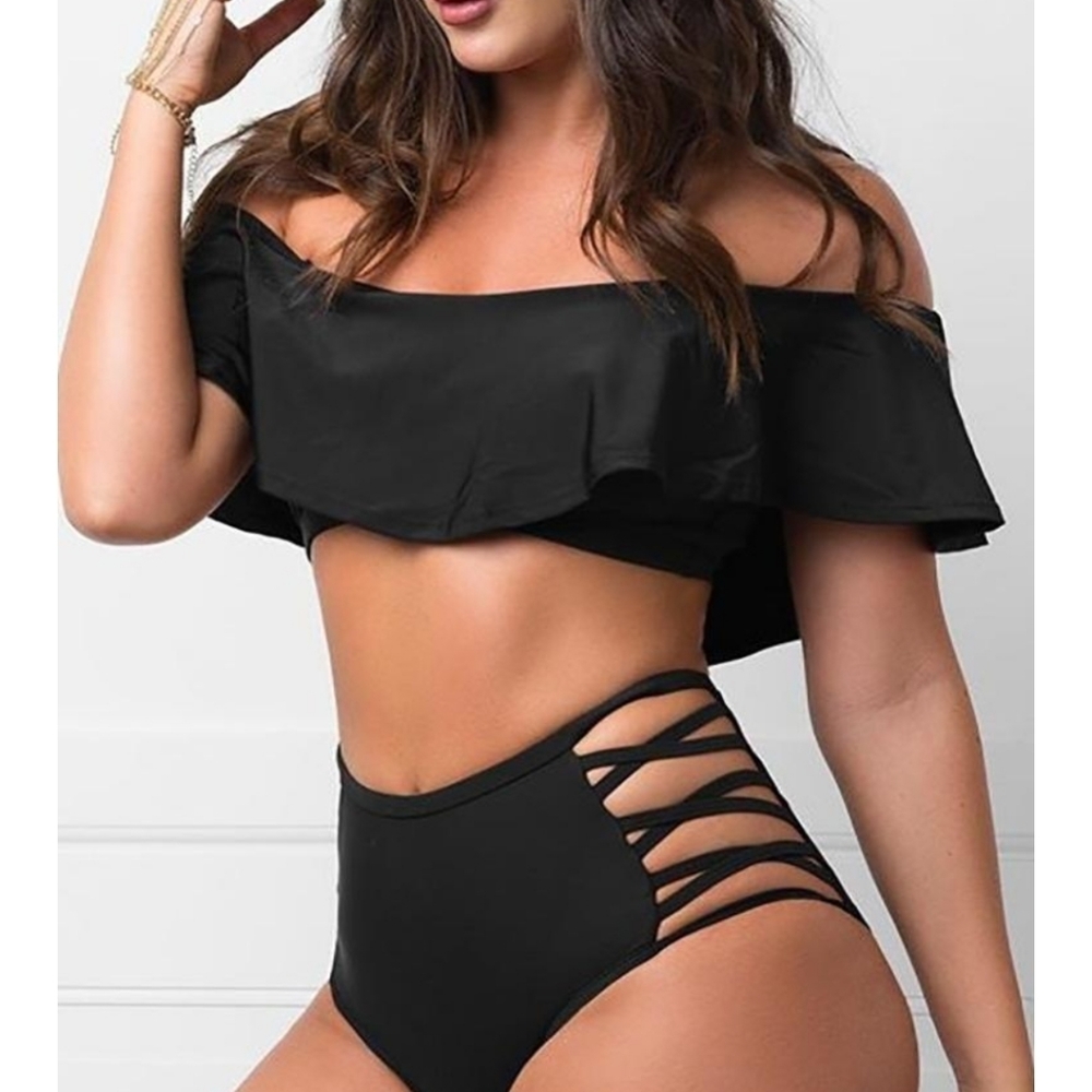 *1 L left Off Shoulder Ruffles Tankini Set - Picture 2 of 4